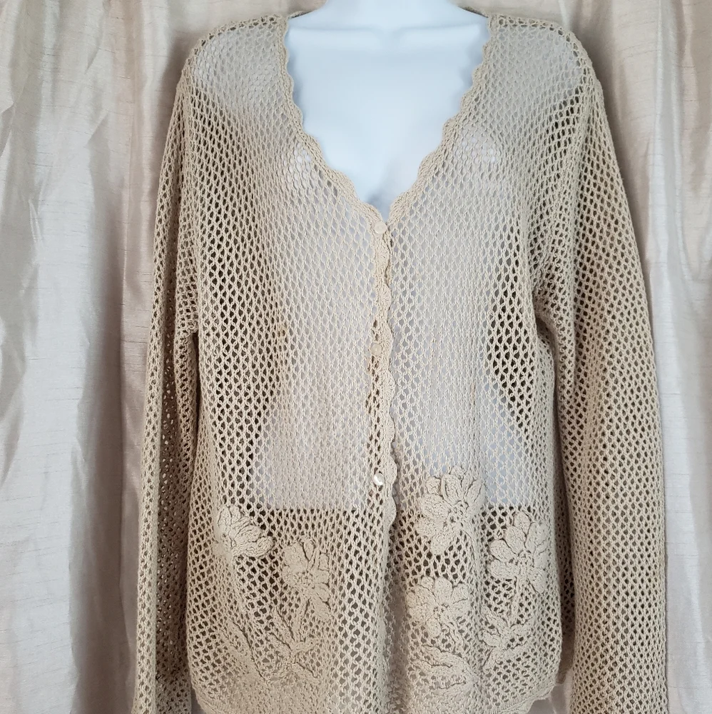 NWOT Norton tan linen crocheted floral cardigan sweater Womens Medium - Picture 2 of 6